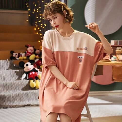 SLPBELY Women Nightdress Sleeping Skirt Pure Cotton Loose Mid-Length Casual Women Short Sleeve Round Neck Solid Cotton