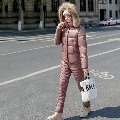 Two-Piece Women Cotton-Padded Jacket Suit 2021New Winter Fashion Warm Hooded Fur Collar Ladies Suit Women Cotton Jacket NBH219