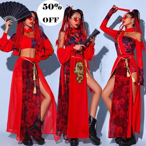 Chinese Style WomenS Jazz Performance Clothes Red Festival Outfits Hip Hop Clothes For Adults Gogo Dance Stage Costumes DQS6259