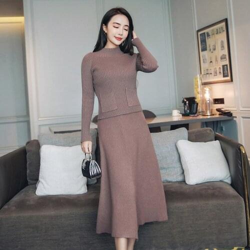Temperament Slim Womens Knit Skirt Sets Casual fashion full-sleeve slim stretch pullover sweater High waist skirt Womens sets