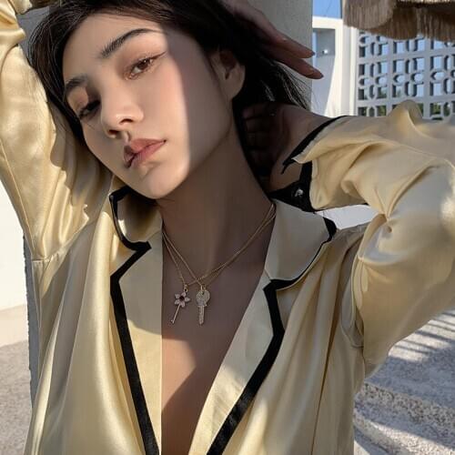 TIMEONLY Unique Design Shinning Rhinestones Key Flower Pendant Necklace for Women Girls Red Crystal Necklace Delicate Jewellery