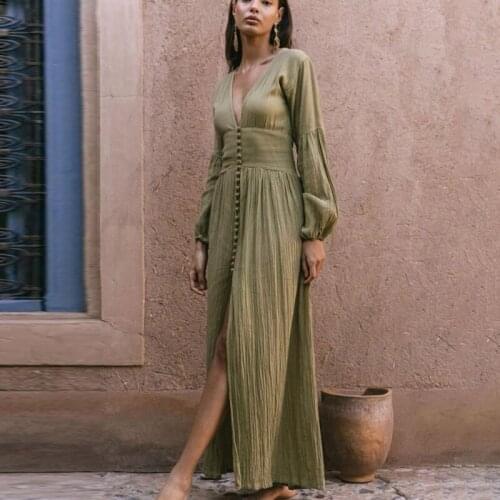 Popular womens new fashion French 2021retro V-Neck long skirt comfortable waist fold loose temperament long sleeve autumn dress