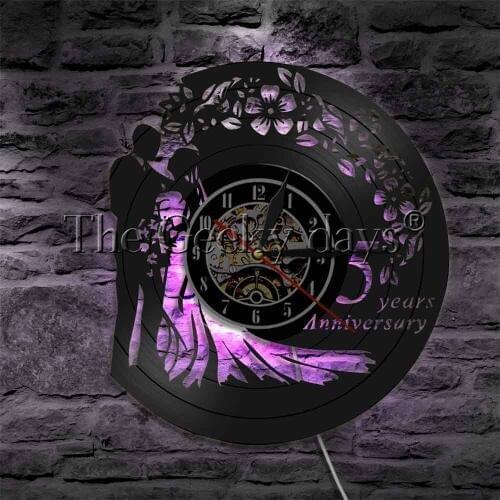 5 Years Anniversary Wall Watch Decorative Lighting LED Hanging Lamp Wedding Marriage Husband Wife Vinyl Record Wall Clock