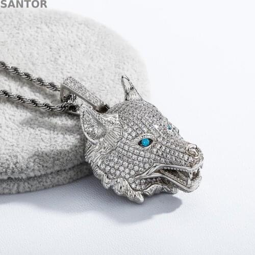 Luxury Big Zircon Pendant Necklaces Rose Gold Plated Hip Hop Wolf Head Pendant Chain for Men Women Fashion Jewelry
