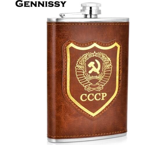 GENNISSY Soviet Union Flag Pattern Flask New Brown Leather Outdoor Sport Portable Stainless Steel Drink Alcohol Flasks For Man