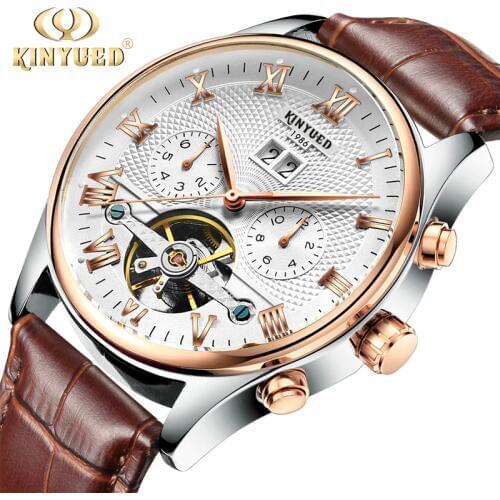 KINYUED Skeleton Tourbillon Mechanical Watch Men Automatic Classic Rose Gold Leather Mechanical Wrist Watches Reloj Hombre 2020
