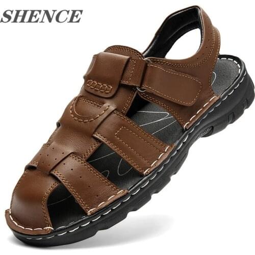 SHENCE Men Casual Shoes Sandals Genuine Leather Sandals Summer 2021 New Beach Outdoor Hiking Mens Shoes Designer Plus Size 38-48