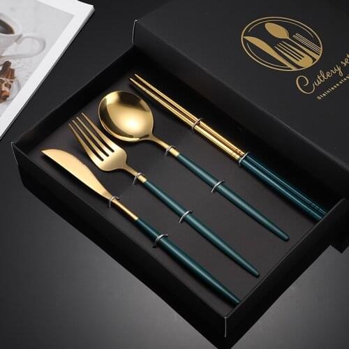 Stainless Steel Cutlery Set Luxury Eco Friendly Four-piece Suit Knife Dinner Set Kitchen Spoon Geschirr Dinnerware Sets EK50DS