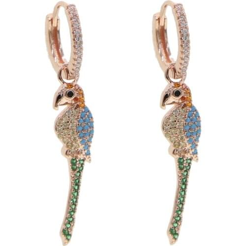 2021 Spring New Minimal Decliate Cute Lovely Parrot Jewelry Rainbow Colourful Cz Paved Animal Dangle Drop Earring For Women Girl