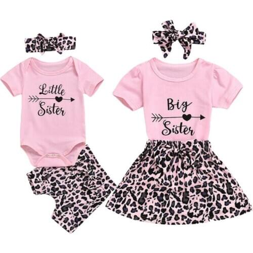 Pudcoco Casual Baby Girl Clohtes Set Big Sister T-shirt Little Sister Romper Leopard print Pants/Skirt Kids Clothing Sets 0-24M