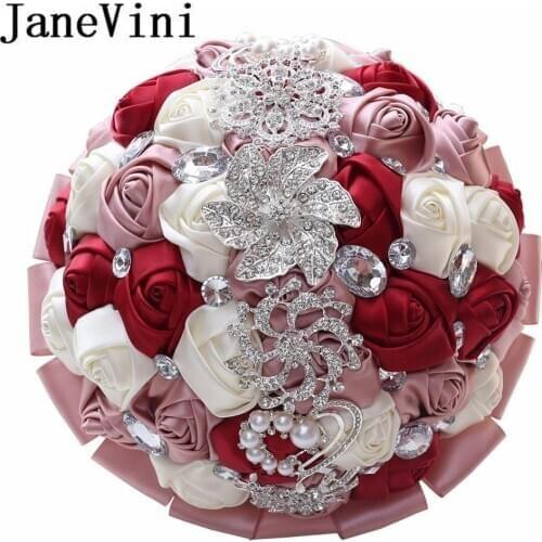 JaneVini Luxury Crystal Wedding Bouquet Roze Bloemen Bridal Bouquet Ivory Diamond Beaded Jewelry Bride Brooch Bouquets Ribbon