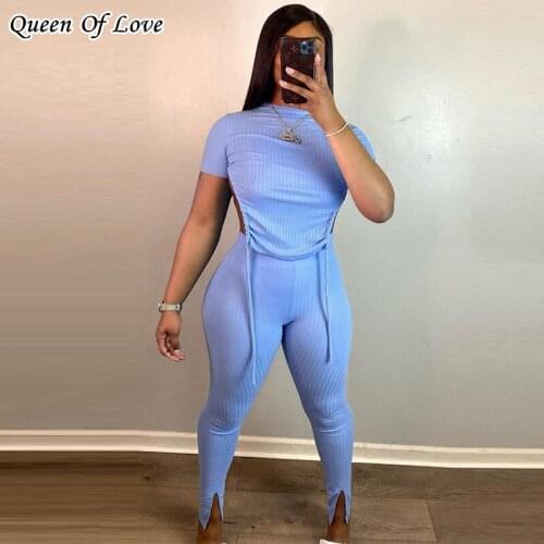 Tracksuit Women Sportswear Split Pant Outfits 2 Piece Sexy Drawstring Crop Top Sweatpants Suit Casual Matching Set Summer 2021
