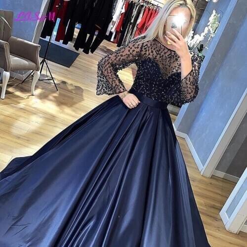 Navy Blue Evening Dresses Long Sleeves Ball Gown Beaded Prom Gowns Elegant Plus Size Evening Formal Dress 2020