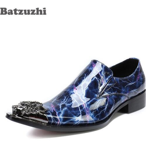 2018 New Western Men Oxford Shoes Metal Pointed Toe Blue Genuine Leather Dress Shoes Male Party, Business Zapatos Hombre, US12