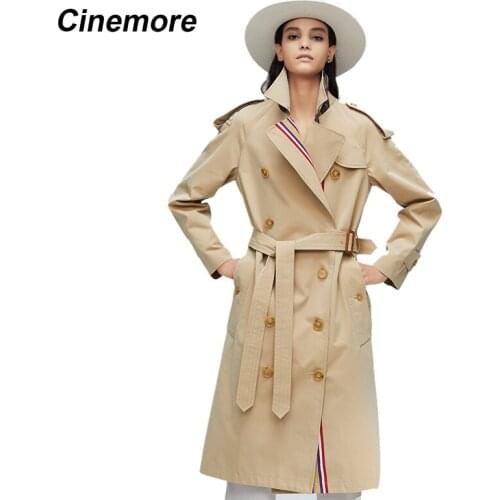 Cinemore 2020 New arrival autumn khaki trench coat women casual fashion high quality cotton with belt long coat for women 9004