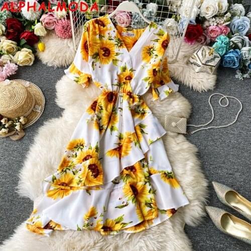 ALPHALMODA V-neck Ruffled Floral Dress Holiday Style Fashion Printed Lace-up Slim Retro Printed Chiffon Dress for Women