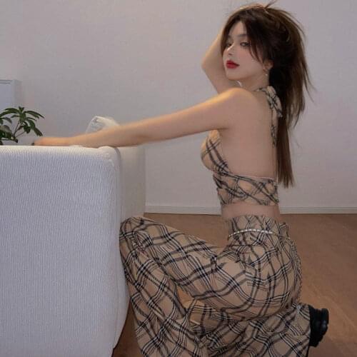 2021 summer spice girls hanging neck sexy backless plaid suspender vest slim mop trousers womens suit