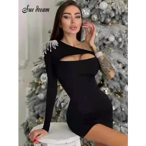 2021 Summer New Womens Rhinestone Tassel Mini Sexy Irregular Single Sleeve Bandage Dress Celebrity Runway Evening Party Dress