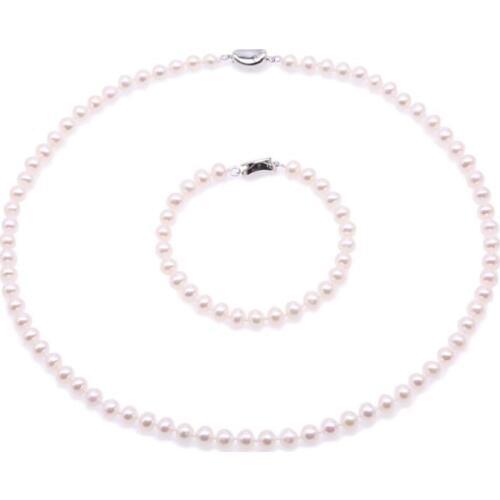 6mm white real pearl Women Jewelry set necklace bracelet 925 silver clasp AAA Cultured freshwater pearl