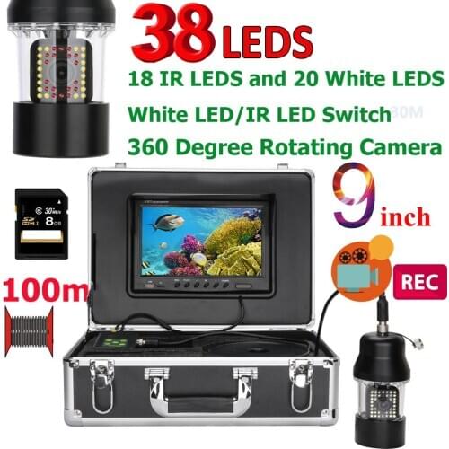 9inch monitor 100m cable 360 degree rotate underwater camera fishing camera fish finder 38 LEDlights rechargeable battery
