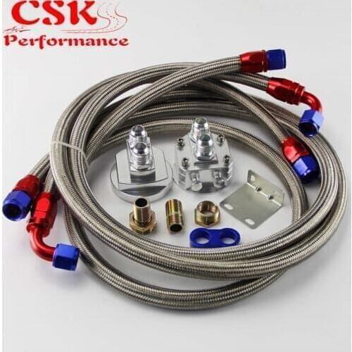 AN10 Oil Filter Sandwich Adapter + AN10 Nylon Braided or SS Braided Hose Kit Black / Silver / Blue