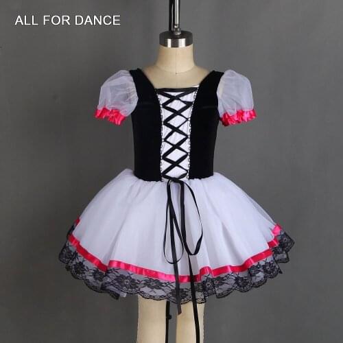 Short Sleeve Ballet Dance Tutu Black Velvet Bodice with Ribbon Trim in the Front Ballerina Dress Girls Ballet Tutus 20019
