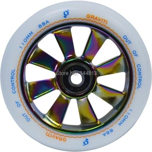 Free shipping110mm Alloy stunt Scooter Wheels with High Elasticity neo chrome PU rainbow wheels with Bearing Sales 2PCS