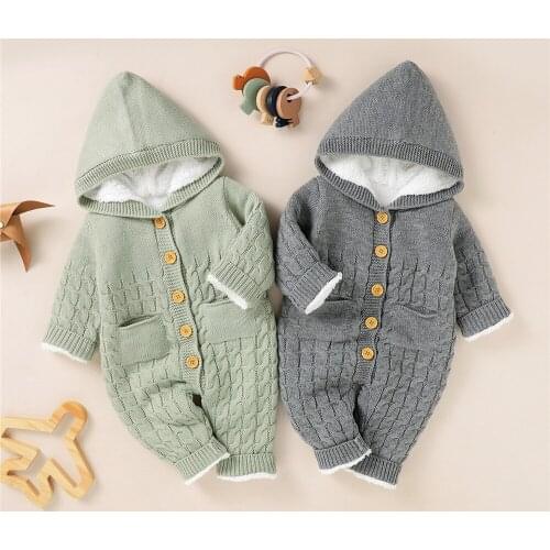 0-18 Months Unisex Baby Winter Long Sleeve Thick Warm Hooded Jumpsuit Newborn Infant Girls Boys Solid Color Knitted Romper