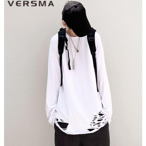 VERSMA High Street Hip Hop Ripped White T-shirts Men Women Pullover Summer Korean Harajuku Loose Long Sleeve Couple T Shirts Men