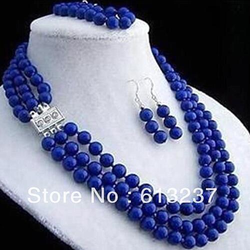 Fashion Style 3 rows 8mm round beads lapis lazuli stone making necklace bracelet earring sets MY4556
