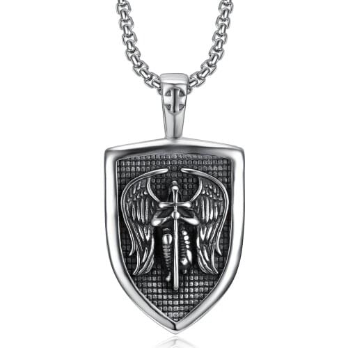 WENDYFO High Quality Stainless Steel Cross Men Necklace St.Michael Angel Shield Protection Charm Pendant Religious Jewelry Gift
