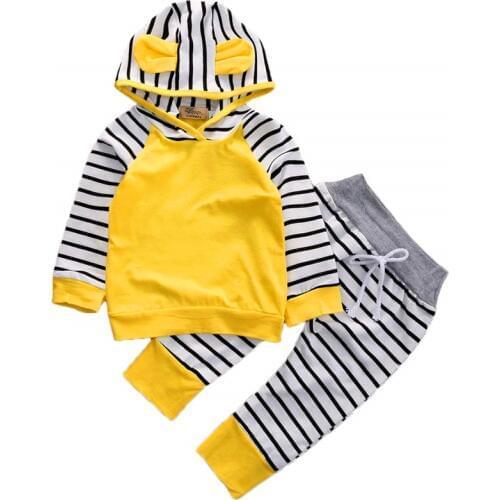 Toddler Baby Girl Boy Lovely Rabbit Ear Stripped Hoodie Sweatshirts Tops + Long Pants Set Unisex Baby Clothes Set 0-24 Month D30