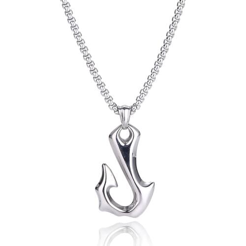 Punk Stainless Steel Fish Hook Shape Pendant Necklace Trendy Mens Necklaces Jewelry Hip Hop Rock Accessories Male Gift BB0875