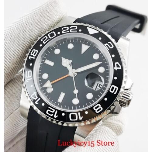 PARNIS Sterile Simple Dial GMT Hand 40mm Automatic Men Wristwatch Ceramic Bezel Rubber Strap