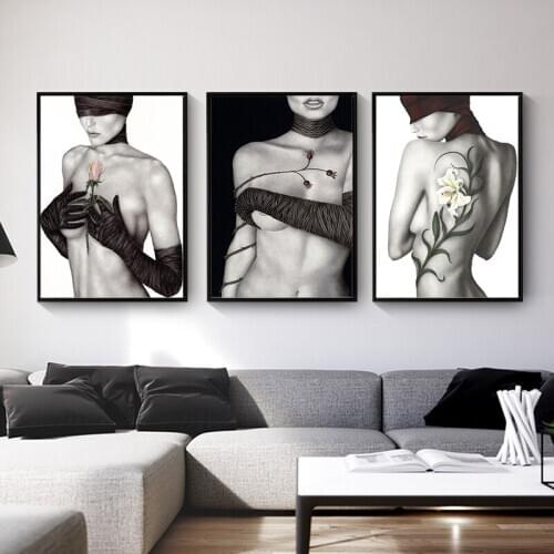Black And White Figure Posters and Prints Sexy Nude Girl with Flower Canvas Painting Abstract Art Wall Pictures for Living Room