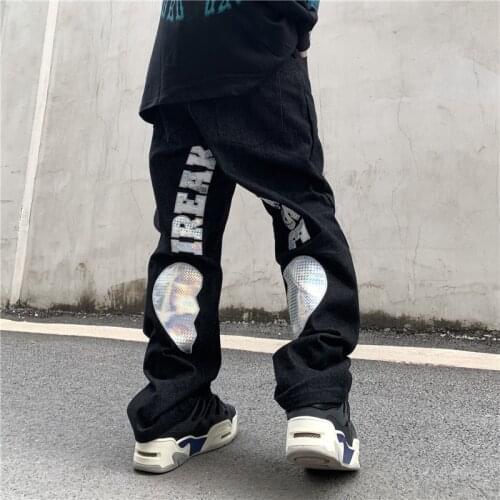 High Street Love Embrodiery Straight Casual Denim Trousers Men And Women Vibe Style Harajuku Washed Jeans Pants