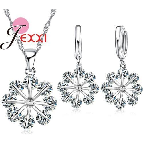 Luxury Jewelry Women Wedding Bridal Set 925 Sterling Silver Flower Crystal Statement Necklace Earrings Sets Lady