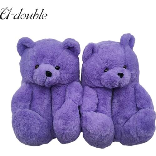 U-DOUBLE Brand Women Winter Plush Slippers Teddy Bear Christmas Cute Style Faux Fur Home Indoor Furry Soft Anti-slip Warm Shoes