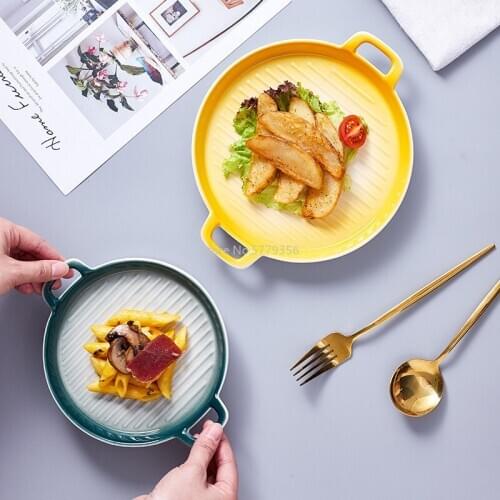 Creative Double Ear Hollow Out Baking Tray Rectangular Circular Striped Colored Ceramic Plate Simple Household Dishes Cutlery