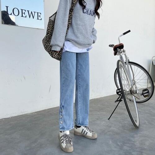 Shnsophi Streetwear High Waist Women Blue Long Denim Pants Loose Vintage Washed Straight Female Wide Leg Button Jeans Trousers