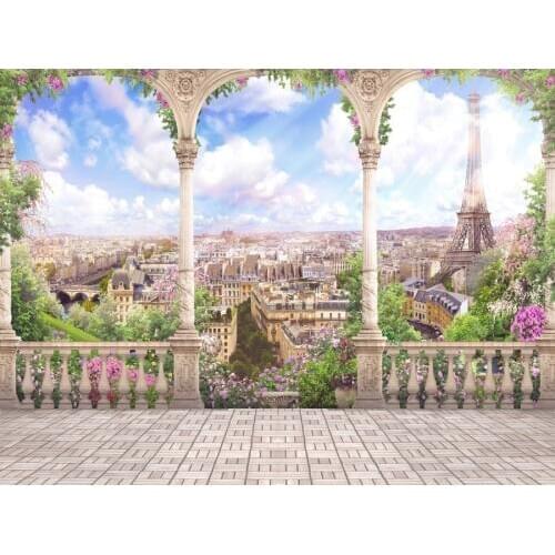 Laeacco Sunny Cloudy Sky Palace Flowers Arch Eiffel Tower Paris Photography Backgrounds Vinyl Custom Backdrops For Photo Studio