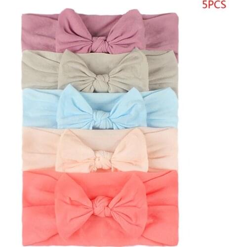 W3JF 5Pcs/Set Baby Girls Lovely Bow Hairband Elastic Wide Headband Stretch Knot Bandanas Turban Headdress Clothing Accessory