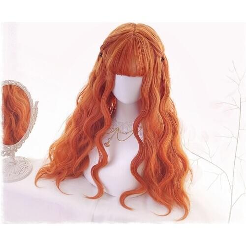 Harajuku Japanese Sweet Lolita Wigs Princess Long Orange Curly Wave Wig Halloween Party Cosplay Hairpiece Synthetic Hair + Cap