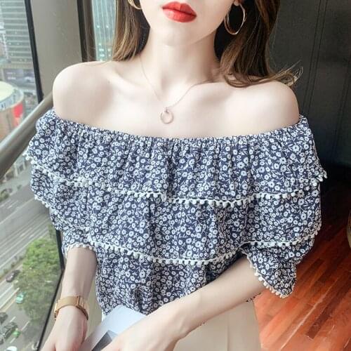 Floral T-shirt Short Top Slash Neck Casual Top Female Elegant Pullover Korean Style Off Shoulder Poleras Mujer De Moda 2021