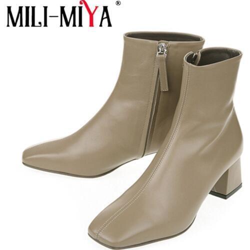 MILI-MIYA Brand Design Soft Genuine Leather Ankle Boots Women Comfortable Mid High Heels Fashion Autumn Square Toe Zipper Shoes