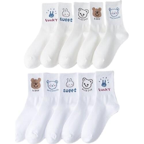 New Cartoon Womens Breathable Cotton Socks White Cute Bear Lovely Animal Pattern Girl Sock Combed of Pure Cotton Female Socks