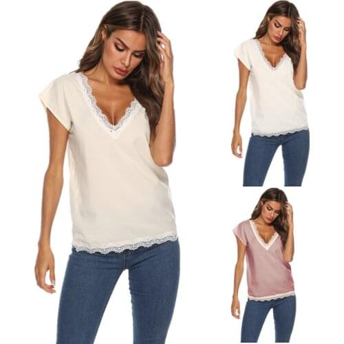 Womens Casual V-Neck Short Sleeve Lace T-shirts Tops