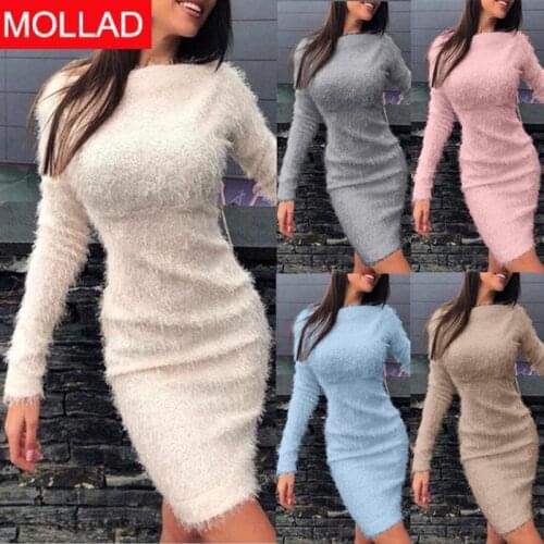 2021 AliExpress European and American Autumn and Winter New Plush Sexy Waist Trimming Long Sleeve Dress for Women