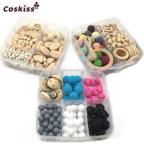 3 Boxed Wood Hearts Spiral Oblong Geometric Rectangle Oval Flat Chips Abacus Crochet Beads Silicone Beads DIY Baby Teether Toys