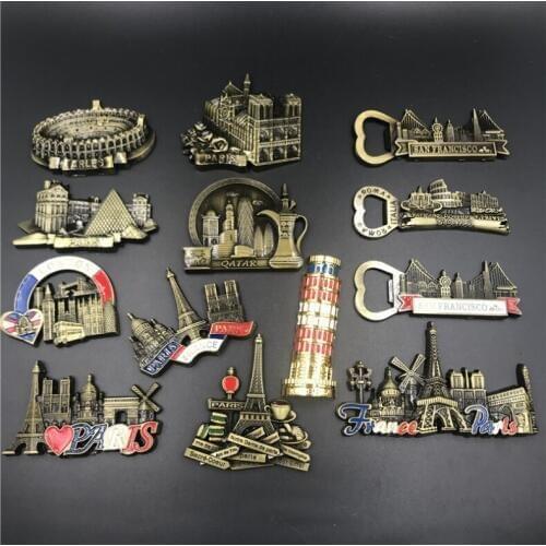 5 pieces / lot)United Kingdom Italy Rome France Notre Dame United States Qatar Pisa Leaning Tower Metal Fridge Magnet